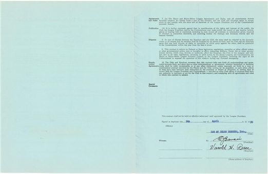 1959 Pee Wee Reese Signed Los Angeles Dodgers Coachs Contract (JSA)